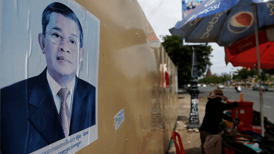  A poster of Cambodia's Prime Minister and Cambodian People's Party (CPP) President Hun Sen is seen along a street in Phnom Penh, Cambodia, July 30, 2018. 