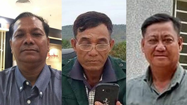 Keo Thai (L), chief of a local branch of the banned Cambodia National Rescue Party (CNRP) in Kampong Chhnang province, his colleague Thai Sokunthea (C) and Yim Sareth, first deputy commune chief in Svay Rieng province’s Romeas Hek district (L).